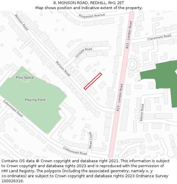 8, MONSON ROAD, REDHILL, RH1 2ET: Location map and indicative extent of plot