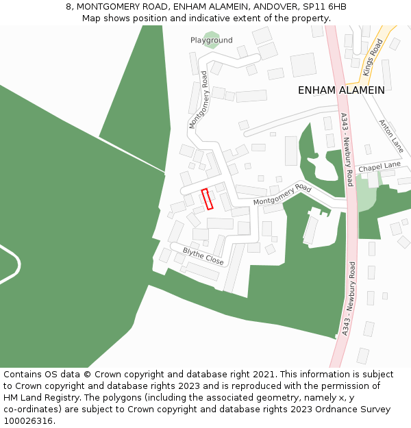 8, MONTGOMERY ROAD, ENHAM ALAMEIN, ANDOVER, SP11 6HB: Location map and indicative extent of plot