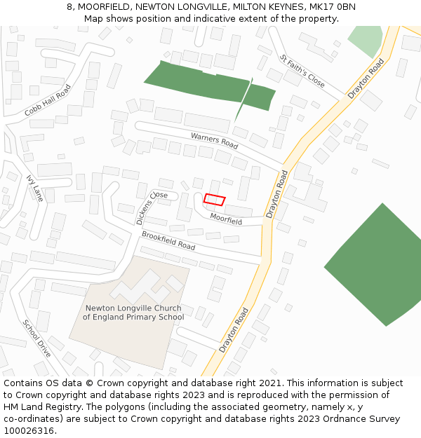 8, MOORFIELD, NEWTON LONGVILLE, MILTON KEYNES, MK17 0BN: Location map and indicative extent of plot