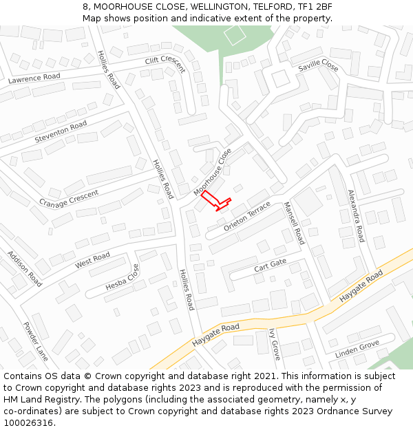 8, MOORHOUSE CLOSE, WELLINGTON, TELFORD, TF1 2BF: Location map and indicative extent of plot