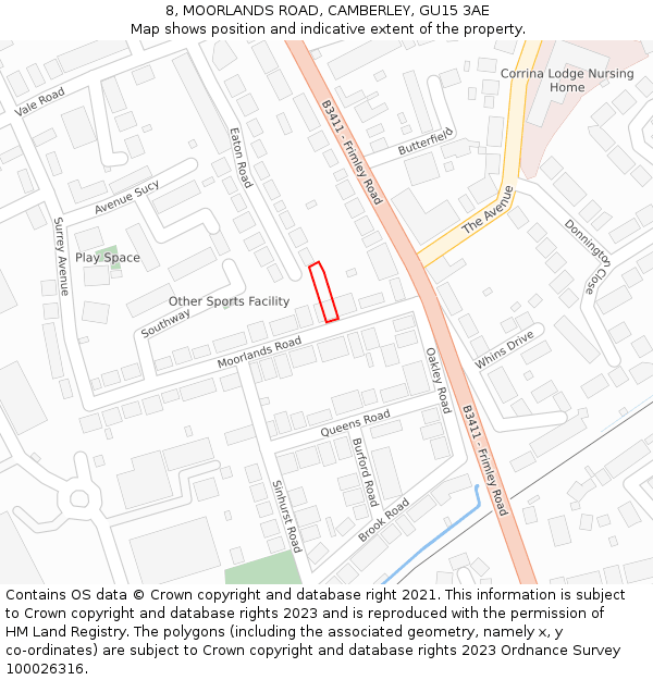 8, MOORLANDS ROAD, CAMBERLEY, GU15 3AE: Location map and indicative extent of plot