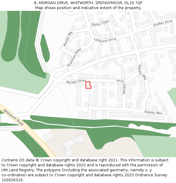 8, MORGAN DRIVE, WHITWORTH, SPENNYMOOR, DL16 7QF: Location map and indicative extent of plot