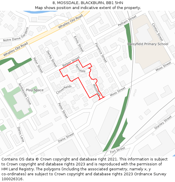 8, MOSSDALE, BLACKBURN, BB1 5HN: Location map and indicative extent of plot