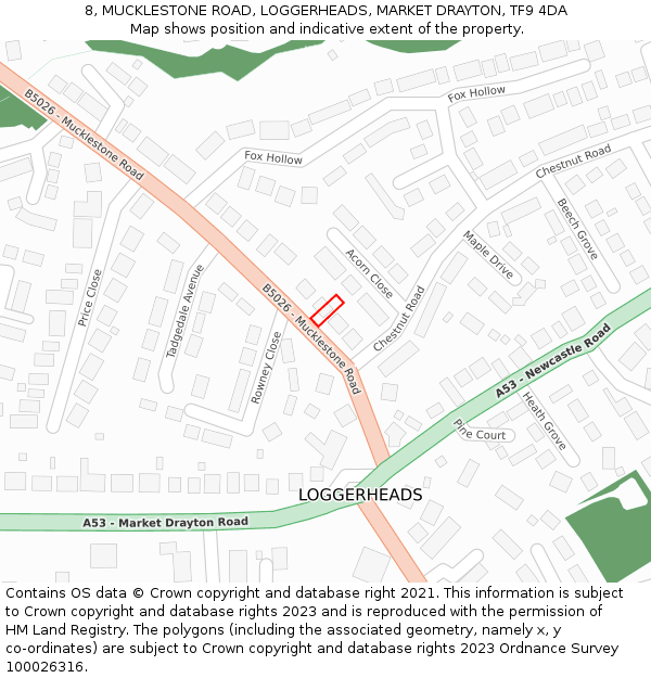 8, MUCKLESTONE ROAD, LOGGERHEADS, MARKET DRAYTON, TF9 4DA: Location map and indicative extent of plot