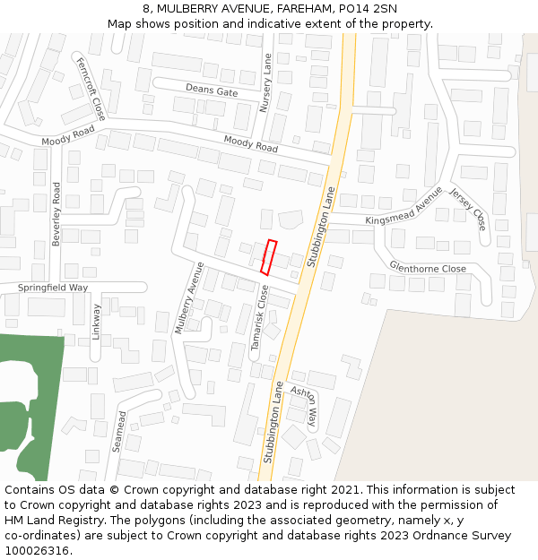 8, MULBERRY AVENUE, FAREHAM, PO14 2SN: Location map and indicative extent of plot