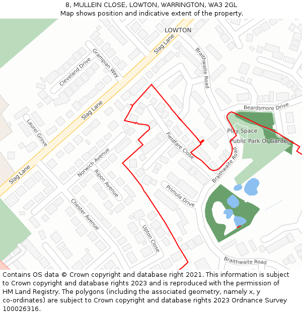 8, MULLEIN CLOSE, LOWTON, WARRINGTON, WA3 2GL: Location map and indicative extent of plot