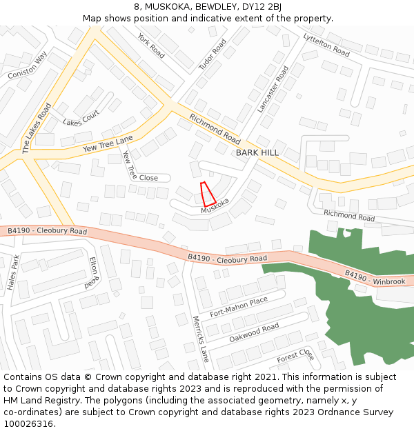 8, MUSKOKA, BEWDLEY, DY12 2BJ: Location map and indicative extent of plot