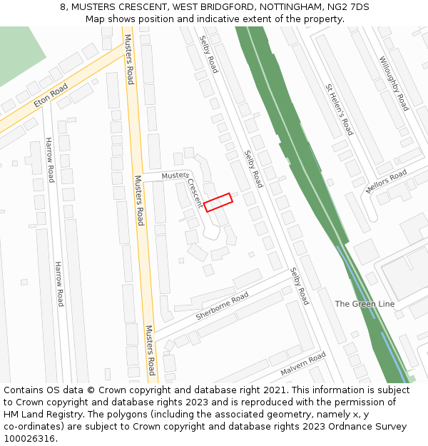 8, MUSTERS CRESCENT, WEST BRIDGFORD, NOTTINGHAM, NG2 7DS: Location map and indicative extent of plot