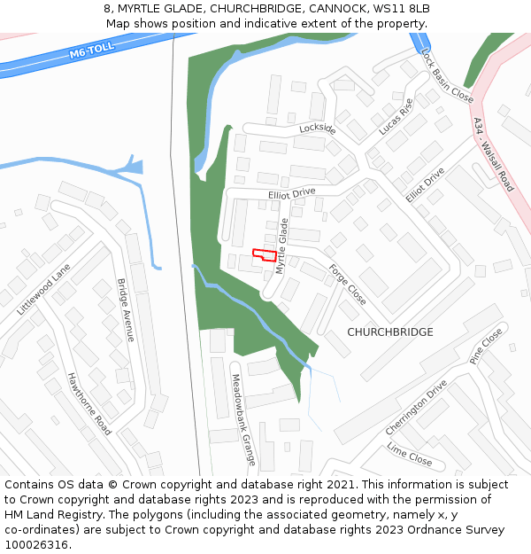 8, MYRTLE GLADE, CHURCHBRIDGE, CANNOCK, WS11 8LB: Location map and indicative extent of plot