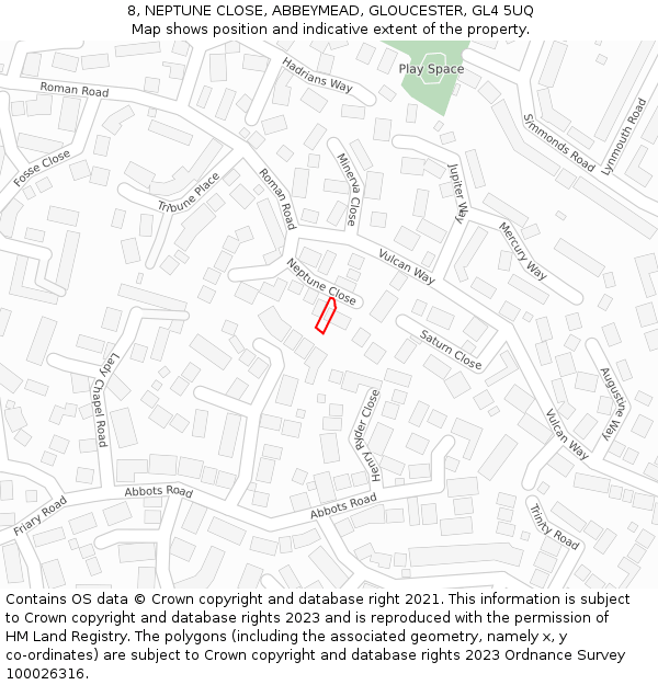 8, NEPTUNE CLOSE, ABBEYMEAD, GLOUCESTER, GL4 5UQ: Location map and indicative extent of plot