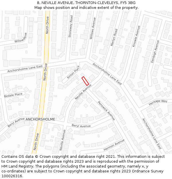 8, NEVILLE AVENUE, THORNTON-CLEVELEYS, FY5 3BG: Location map and indicative extent of plot