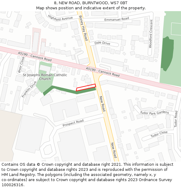 8, NEW ROAD, BURNTWOOD, WS7 0BT: Location map and indicative extent of plot