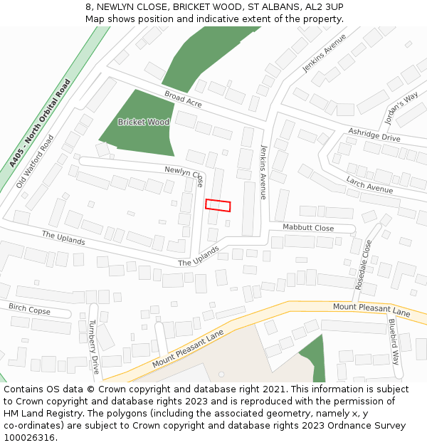 8, NEWLYN CLOSE, BRICKET WOOD, ST ALBANS, AL2 3UP: Location map and indicative extent of plot