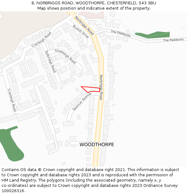 8, NORBRIGGS ROAD, WOODTHORPE, CHESTERFIELD, S43 3BU: Location map and indicative extent of plot