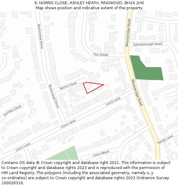 8, NORRIS CLOSE, ASHLEY HEATH, RINGWOOD, BH24 2HX: Location map and indicative extent of plot