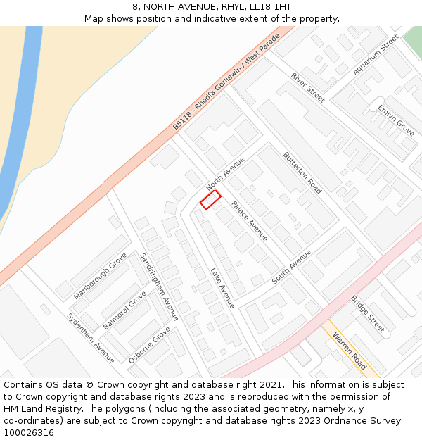 8, NORTH AVENUE, RHYL, LL18 1HT: Location map and indicative extent of plot