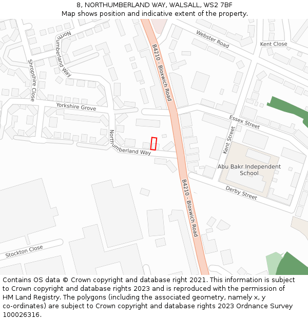 8, NORTHUMBERLAND WAY, WALSALL, WS2 7BF: Location map and indicative extent of plot