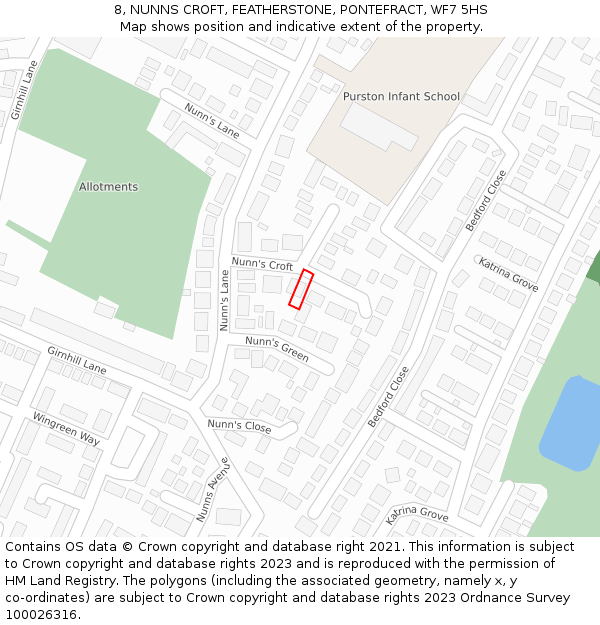 8, NUNNS CROFT, FEATHERSTONE, PONTEFRACT, WF7 5HS: Location map and indicative extent of plot