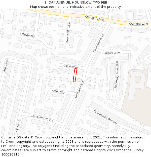 8, OAK AVENUE, HOUNSLOW, TW5 9EB: Location map and indicative extent of plot