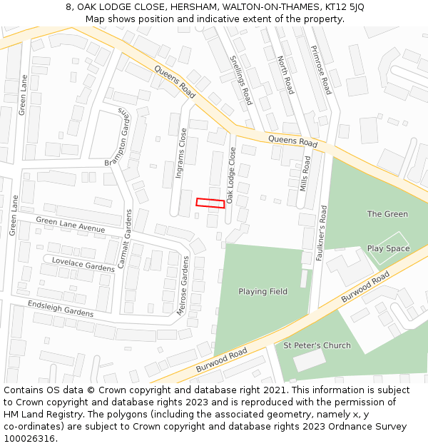 8, OAK LODGE CLOSE, HERSHAM, WALTON-ON-THAMES, KT12 5JQ: Location map and indicative extent of plot