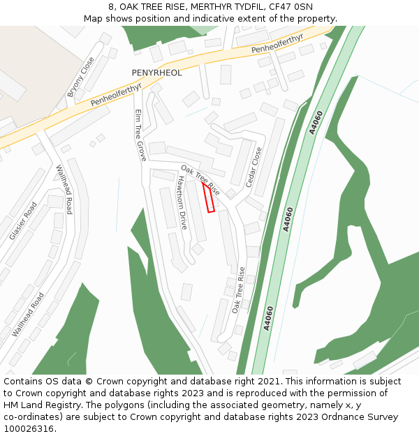 8, OAK TREE RISE, MERTHYR TYDFIL, CF47 0SN: Location map and indicative extent of plot