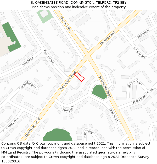 8, OAKENGATES ROAD, DONNINGTON, TELFORD, TF2 8BY: Location map and indicative extent of plot