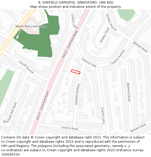 8, OAKFIELD GARDENS, GREENFORD, UB6 8SD: Location map and indicative extent of plot