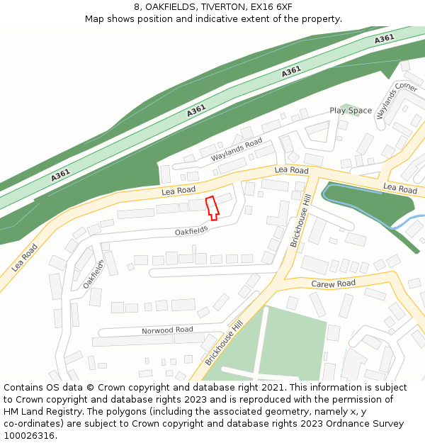 8, OAKFIELDS, TIVERTON, EX16 6XF: Location map and indicative extent of plot