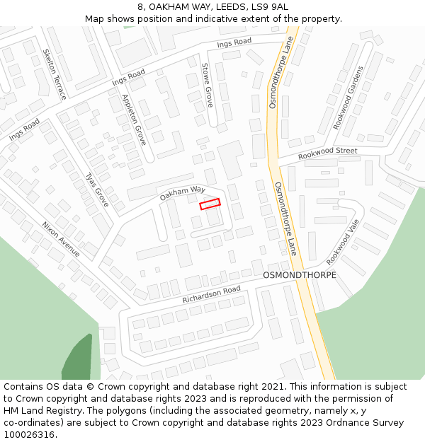 8, OAKHAM WAY, LEEDS, LS9 9AL: Location map and indicative extent of plot