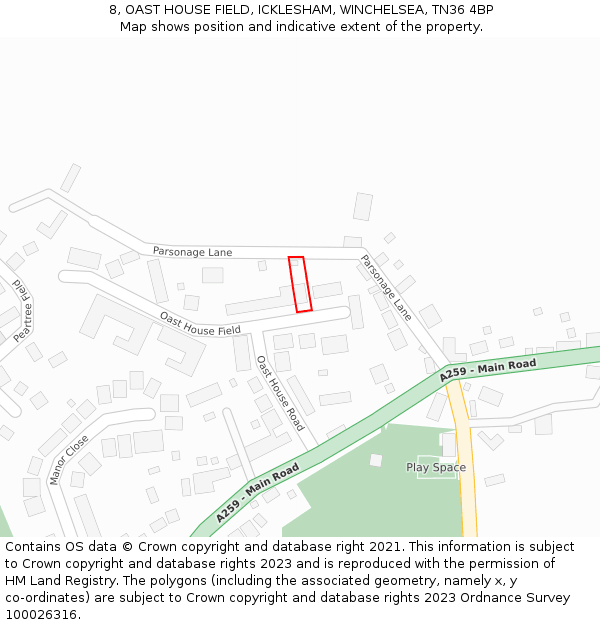 8, OAST HOUSE FIELD, ICKLESHAM, WINCHELSEA, TN36 4BP: Location map and indicative extent of plot