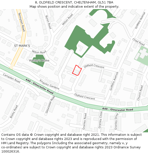 8, OLDFIELD CRESCENT, CHELTENHAM, GL51 7BA: Location map and indicative extent of plot