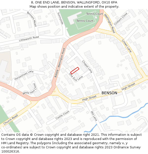 8, ONE END LANE, BENSON, WALLINGFORD, OX10 6PA: Location map and indicative extent of plot