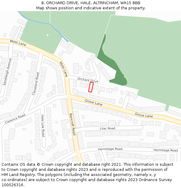 8, ORCHARD DRIVE, HALE, ALTRINCHAM, WA15 8BB: Location map and indicative extent of plot