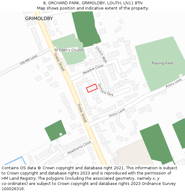 8, ORCHARD PARK, GRIMOLDBY, LOUTH, LN11 8TN: Location map and indicative extent of plot