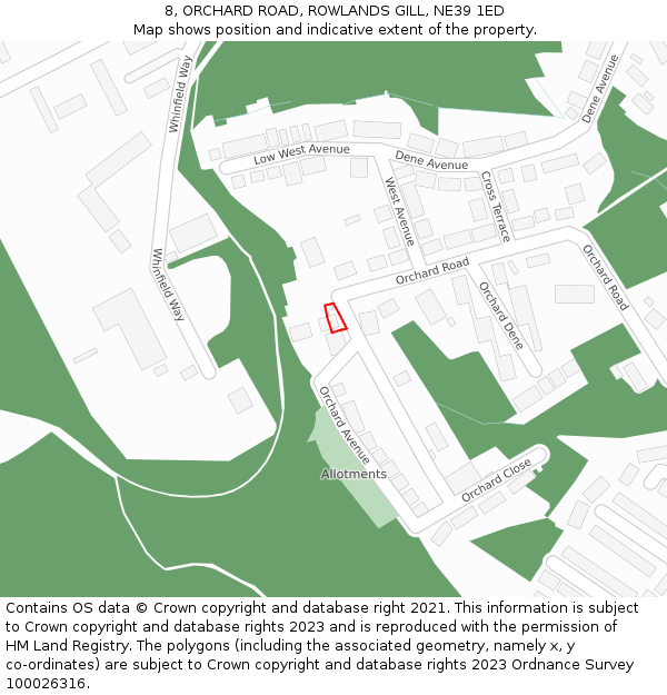 8, ORCHARD ROAD, ROWLANDS GILL, NE39 1ED: Location map and indicative extent of plot