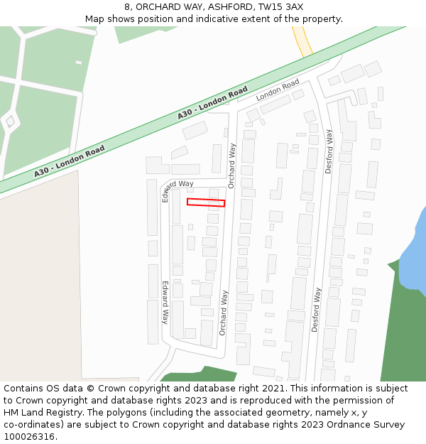 8, ORCHARD WAY, ASHFORD, TW15 3AX: Location map and indicative extent of plot