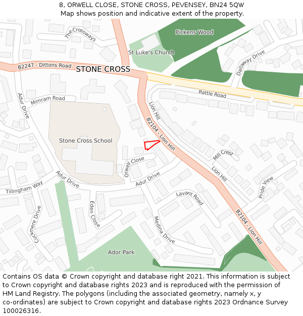 8, ORWELL CLOSE, STONE CROSS, PEVENSEY, BN24 5QW: Location map and indicative extent of plot