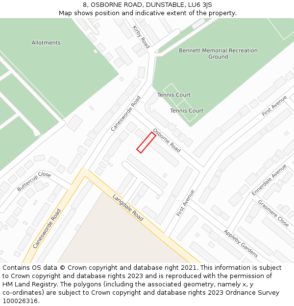 8, OSBORNE ROAD, DUNSTABLE, LU6 3JS: Location map and indicative extent of plot