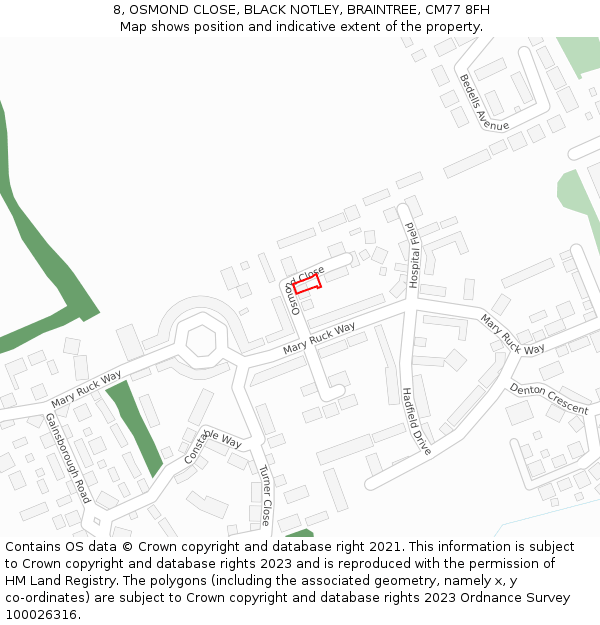 8, OSMOND CLOSE, BLACK NOTLEY, BRAINTREE, CM77 8FH: Location map and indicative extent of plot