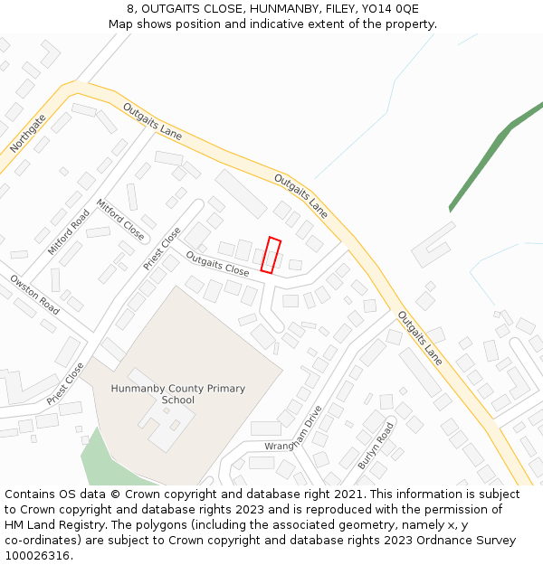 8, OUTGAITS CLOSE, HUNMANBY, FILEY, YO14 0QE: Location map and indicative extent of plot