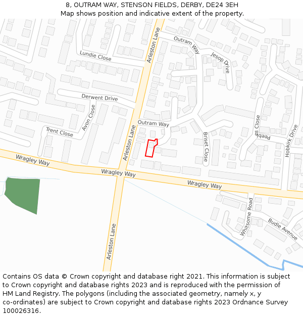 8, OUTRAM WAY, STENSON FIELDS, DERBY, DE24 3EH: Location map and indicative extent of plot