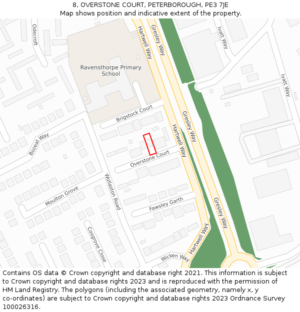 8, OVERSTONE COURT, PETERBOROUGH, PE3 7JE: Location map and indicative extent of plot