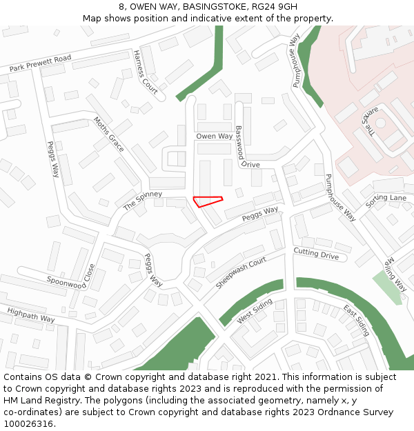 8, OWEN WAY, BASINGSTOKE, RG24 9GH: Location map and indicative extent of plot