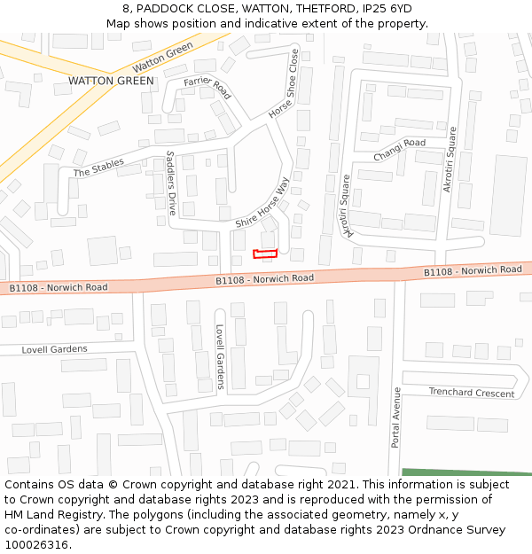 8, PADDOCK CLOSE, WATTON, THETFORD, IP25 6YD: Location map and indicative extent of plot