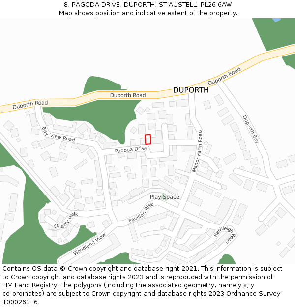 8, PAGODA DRIVE, DUPORTH, ST AUSTELL, PL26 6AW: Location map and indicative extent of plot