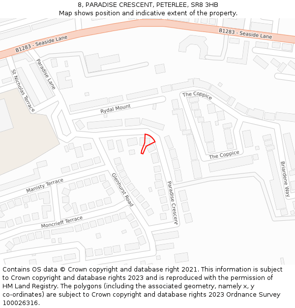 8, PARADISE CRESCENT, PETERLEE, SR8 3HB: Location map and indicative extent of plot