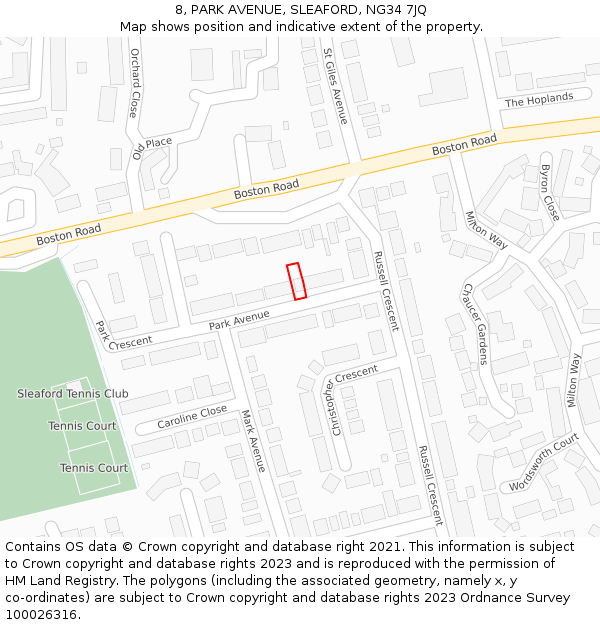 8, PARK AVENUE, SLEAFORD, NG34 7JQ: Location map and indicative extent of plot