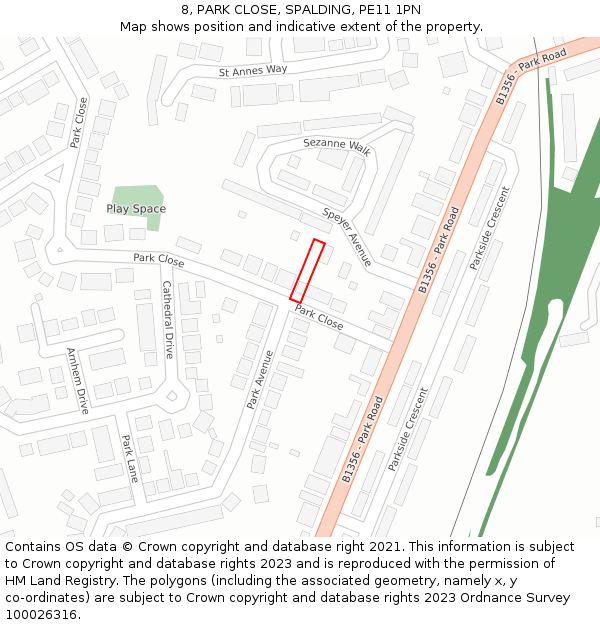 8, PARK CLOSE, SPALDING, PE11 1PN: Location map and indicative extent of plot