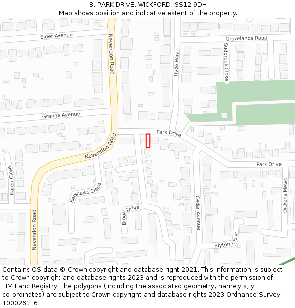 8, PARK DRIVE, WICKFORD, SS12 9DH: Location map and indicative extent of plot