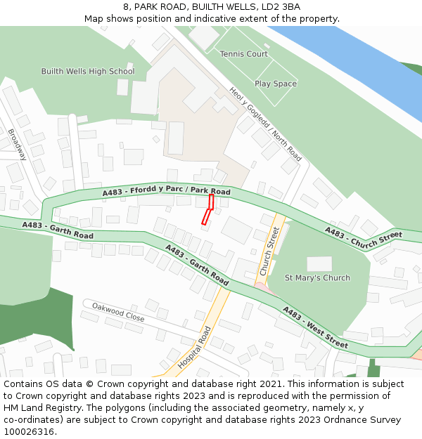 8, PARK ROAD, BUILTH WELLS, LD2 3BA: Location map and indicative extent of plot